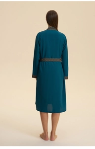 Rear view of long-sleeved dark cyan satin robe featuring geometric patterned trim