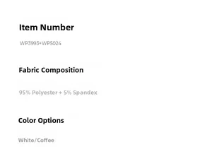 Size and material chart for robes made of 95% polyester and 5% spandex blend fabric