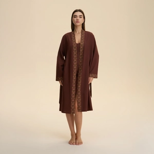 Deep brown cotton robe with ethnic jacquard trim and long sleeves for women