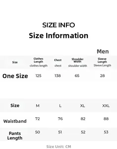 Detailed size chart for men satin pajamas set with top and shorts measurements