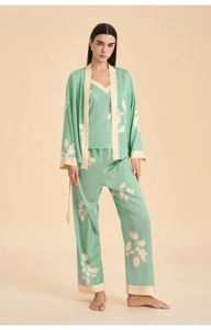 Three-piece satin women pajama set with mint green leaf print and long-sleeve robe