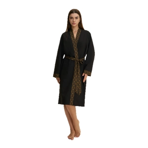Elegant black silk-style robe with gold patterned trim and waist tie for women