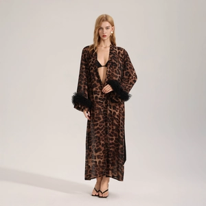 Vestaglia Lunga da Donna con Stampa Leopardata in Poliestere con Polsini in Piuma Scollo a V con Cintura Sexy Abbigliamento da Casa Casual Lounge