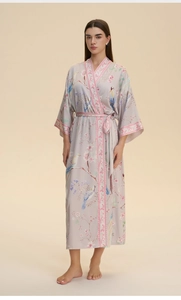 Floral print long robe with bird patterns featuring kimono collar and silky fabric