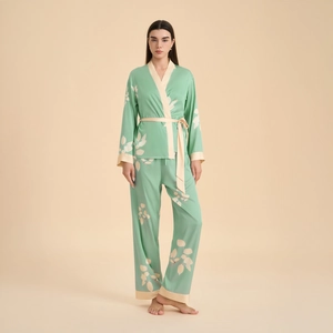 Women's 3-piece mint green floral satin pajamas with kimono top and wide-leg pants