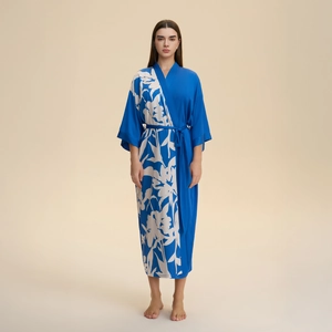 Women's Long Satin Kimono Robe V-Neck Floral Print Bathrobe With Sash Tie Lightweight Chiffon Loungewear Nightgown Dress