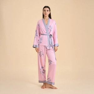 Women's pink satin long-sleeve pajama set with grey leaf print and matching pants