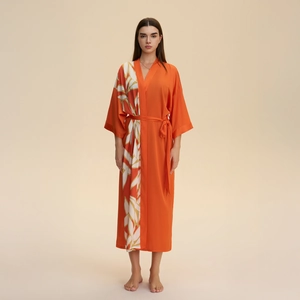 Elegant long orange satin kimono robe with floral print and V-neckline for women