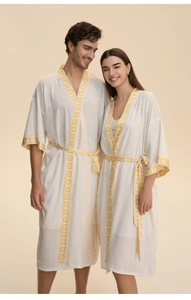 Matching couple's silk satin long robes in pearl white with yellow geometric pattern trim