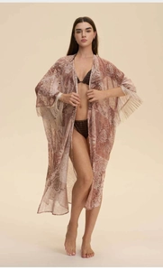 Detail view of ethnic floral chiffon kimono cover-up with decorative long fringe sleeves