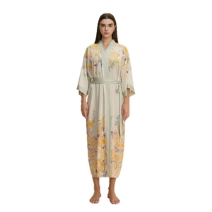 Floral satin bridal robe in light yellow with sage green trim and matching belt tie