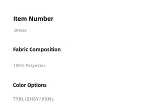 Detailed fabric chart showing 100% polyester material and color options for the robe