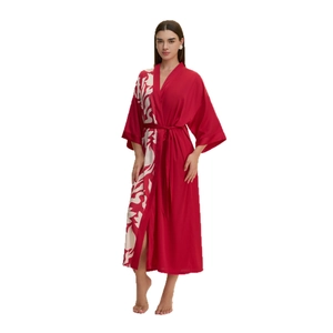 Women's long red satin kimono robe with floral pattern and waist tie, elegant sleepwear