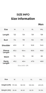 Detailed size guide table for men's long loungewear and robes with measurements in CM