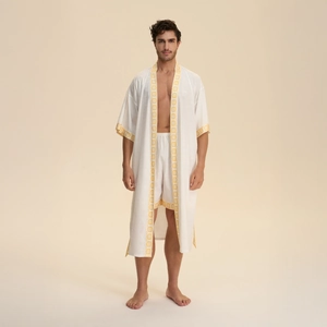 Bohemian Ethnic Print Satin Nightgown For Couples Long Sleeve V-Neck Robe Ethnic Geometric Pattern Sleepwear Home Wear