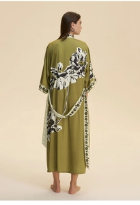 Back view of olive green floral kimono nightdress with elegant loose long sleeves