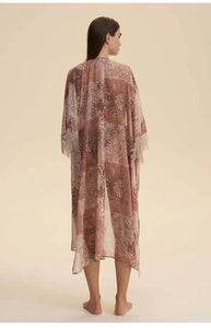 Detail of pink-brown paisley chiffon robe with fringed cuffs and airy back drape view
