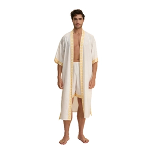 Men's satin pajama set featuring long robe and shorts with yellow geometric trim