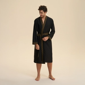 Men's black long robe with gold vintage trim and waist belt, ideal for lounge wear