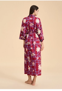 Rear view of long sleeve floral kimono nightdress with silky texture and sash tie