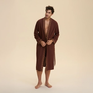 Men's deep burgundy long-sleeved bathrobe with vintage printed trim and waist tie strap