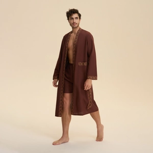 Men's silk-like long robe set with vintage floral trim in deep burgundy finish
