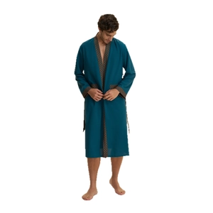 Deep teal men's long sleeve lounge robe with decorative geometric pattern trim
