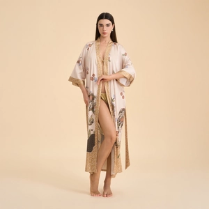 Women Satin Long Kimono Robe Elegant Floral Printed Sleepwear Soft Loose Nightgown With Belt V-Neck Home Clothes