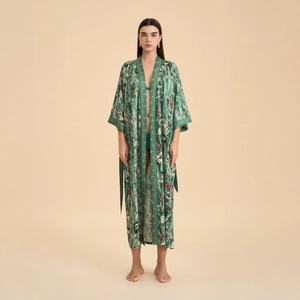 Deep green floral print kimono robe in silk-like satin with long sleeves and waist tie
