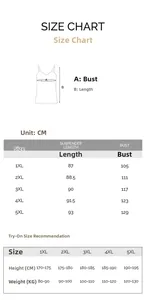 Size chart for plus size satin chemise nightdress showing bust and length from 1XL to 5XL