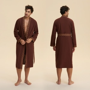 Men's brown cloud cotton robe with ethnic print trim, front and back studio view