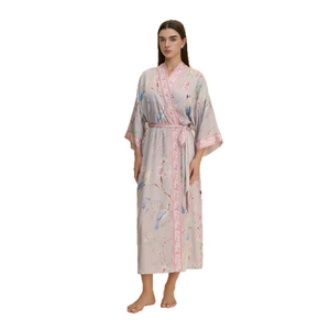 Elegant long-sleeved floral nightdress with birds print and pink lace trim in kimono style