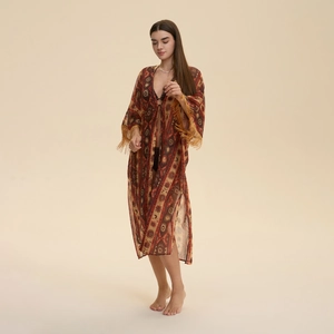 Long boho sun moon print chiffon cover up with gold fringe sleeves and side slits