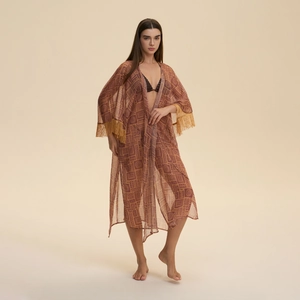 Bohemian chiffon beach cover-up with geometric print and yellow tassels for summer swimwear