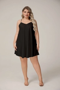 Detailed view of the black satin plus size slip nightgown with thin straps and V-neckline