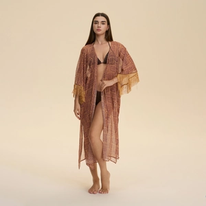 Women's chiffon beach cover-up robe with geometric print and yellow tassel sleeves