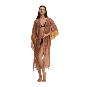 Eleganter langer Chiffon-Strandmantel mit geometrischen Mustern und Goldquasten