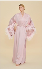 Luxurious pink satin robe featuring elegant detachable feather trim on wide sleeves