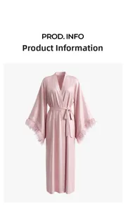 Close-up of luxury rose pink satin robe featuring elegant feather trim on wide sleeves