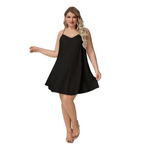 Plus size black satin slip sleepwear with V-neckline and adjustable spaghetti straps