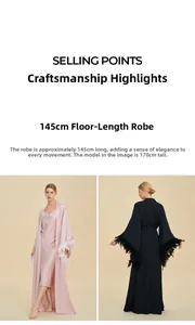 Detail of 145cm long satin robe with luxurious detachable feather trim on the sleeves