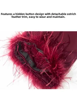 Détail du peignoir de luxe rouge avec bordure en plumes d'autruche amovible et bouton-pression