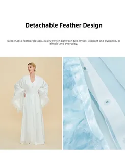 Detail showing detachable feather cuffs with hidden snaps on luxury white satin robe