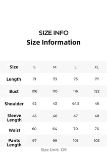 Detailed size chart for women long sleeve pajama set with feathers in CM from S to XL