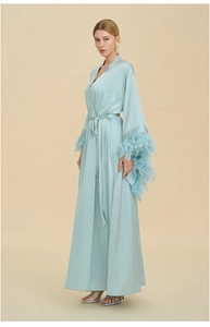 Elegant light blue silk robe featuring luxurious ostrich feather cuffs and waist tie