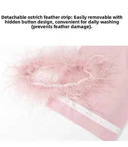 Detail of pink pajama sleeve with detachable ostrich feather trim using snap buttons