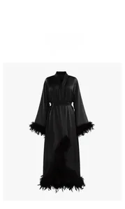 Detail of elegant black satin robe with luxurious feather trim on sleeves and hemline