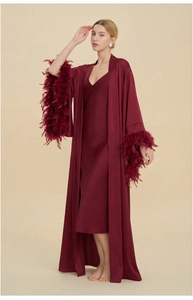Detailed view of wine red satin nightdress with luxurious feather cuffs for women