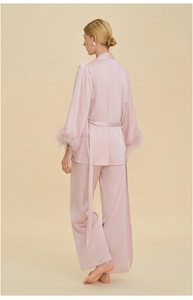 Pink satin pajama set detail with elegant detachable feather cuffs on long sleeves