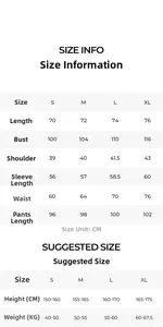 Detailed size chart for women's long-sleeve pajama sets with CM measurements and recommendations